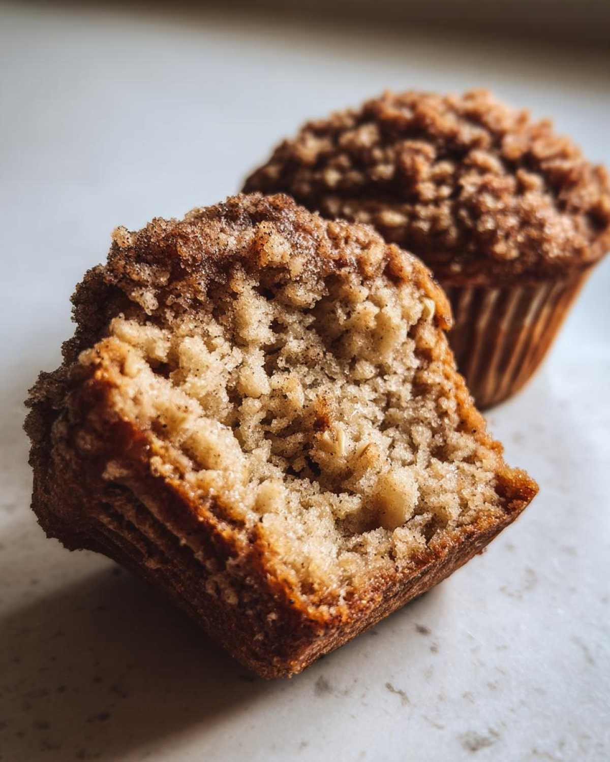 Close-up of a moist oatmeal muffin cut in half showing the soft crumb texture and cinnamon streusel topping.
