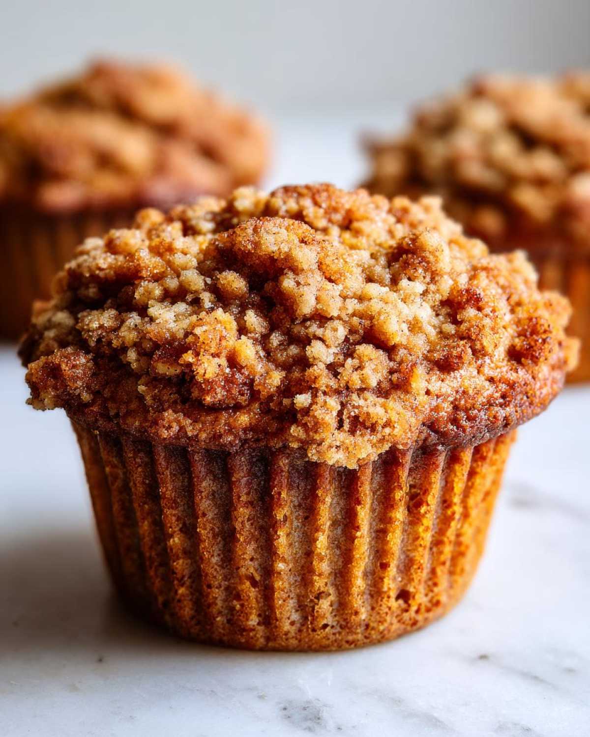 Close-up of a perfectly baked oatmeal muffin featuring a generous, crunchy cinnamon streusel topping.