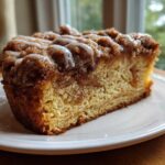 A close-up of a moist slice of sour cream coffee cake topped with cinnamon streusel and white glaze.