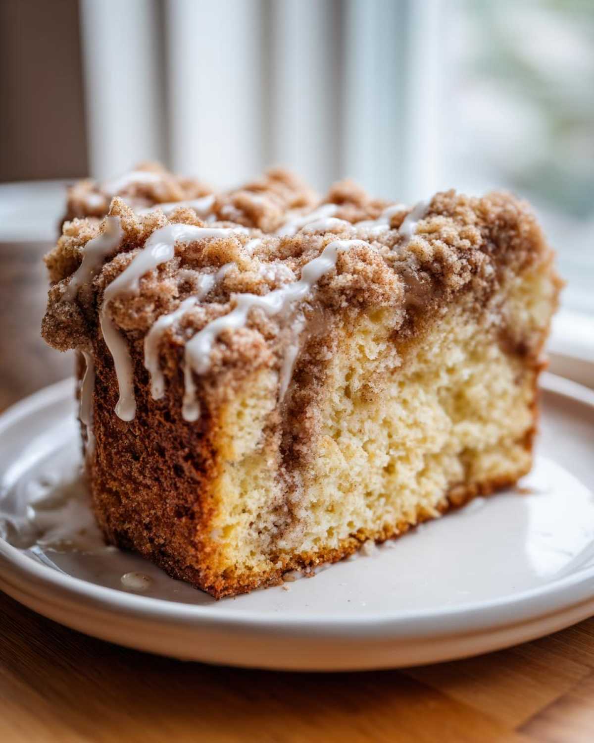 Close-up of a moist slice of sour cream coffee cake topped with cinnamon streusel and vanilla glaze.