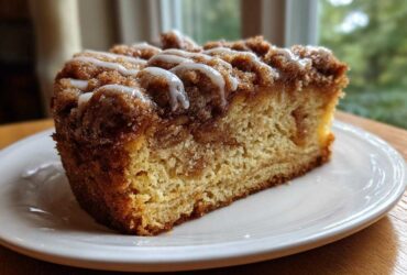 A close-up of a moist slice of sour cream coffee cake topped with cinnamon streusel and white glaze.