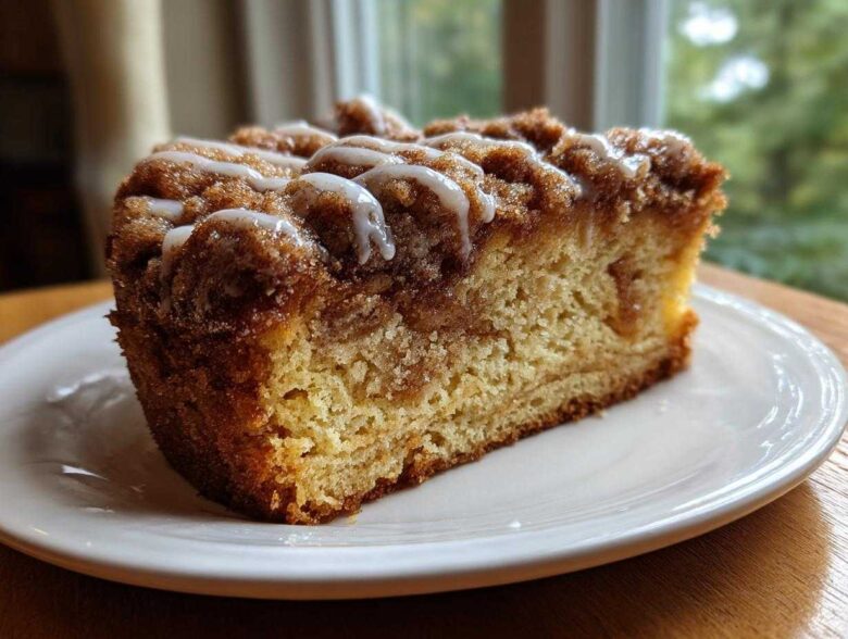 A close-up of a moist slice of sour cream coffee cake topped with cinnamon streusel and white glaze.