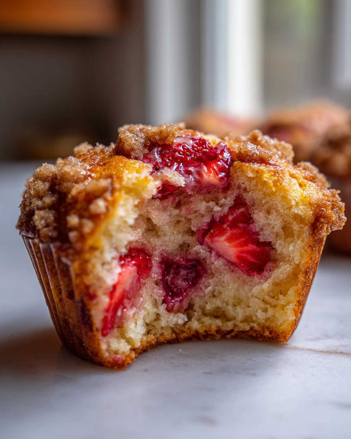 Close-up of a moist strawberry muffins interior showing chunks of fresh strawberries and a crumb topping.