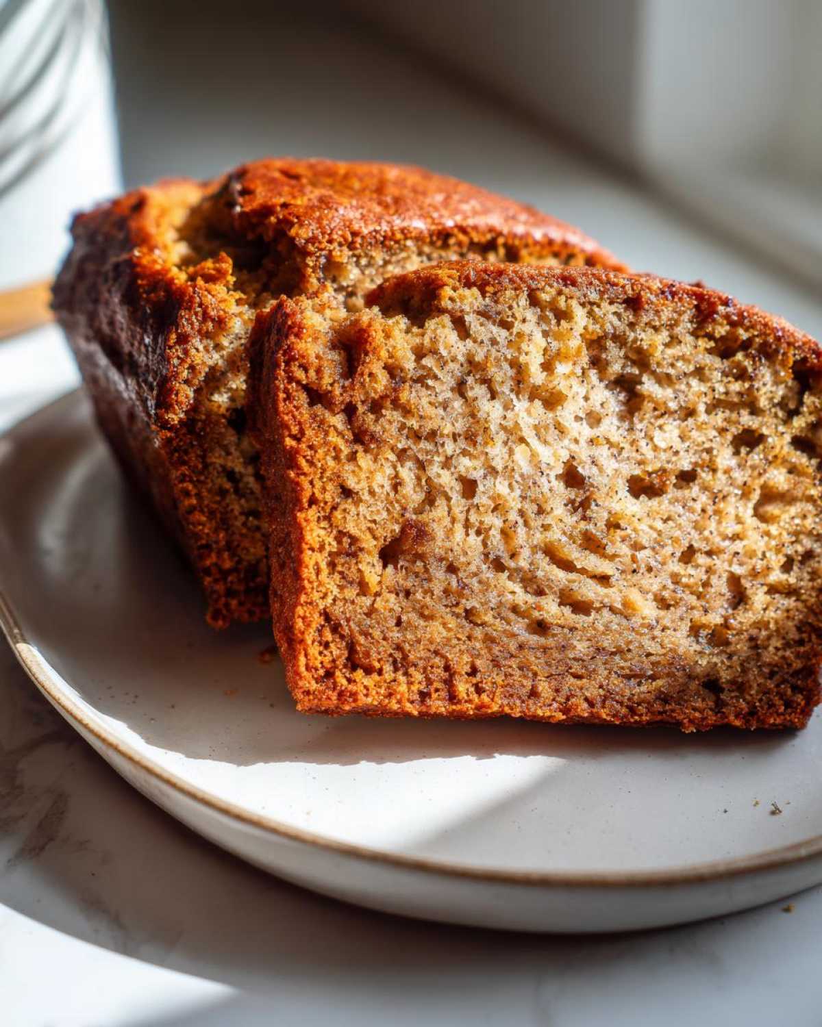 Close-up of a moist slice of sugar free banana bread showing its texture and golden-brown crust.