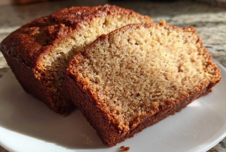 Close-up of a moist slice of sugar free banana bread next to the rest of the loaf on a white plate.