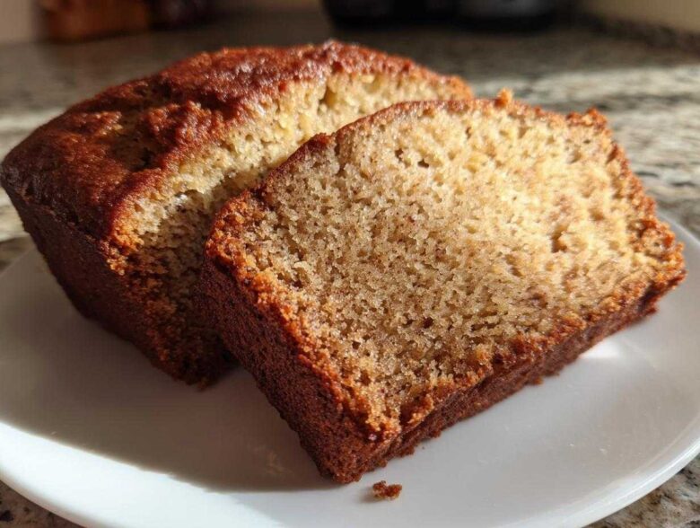 Close-up of a moist slice of sugar free banana bread next to the rest of the loaf on a white plate.