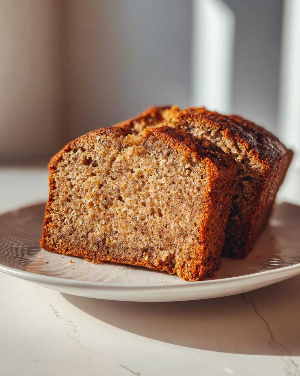 Two thick slices of moist sugar free banana bread resting on a white plate in bright sunlight.