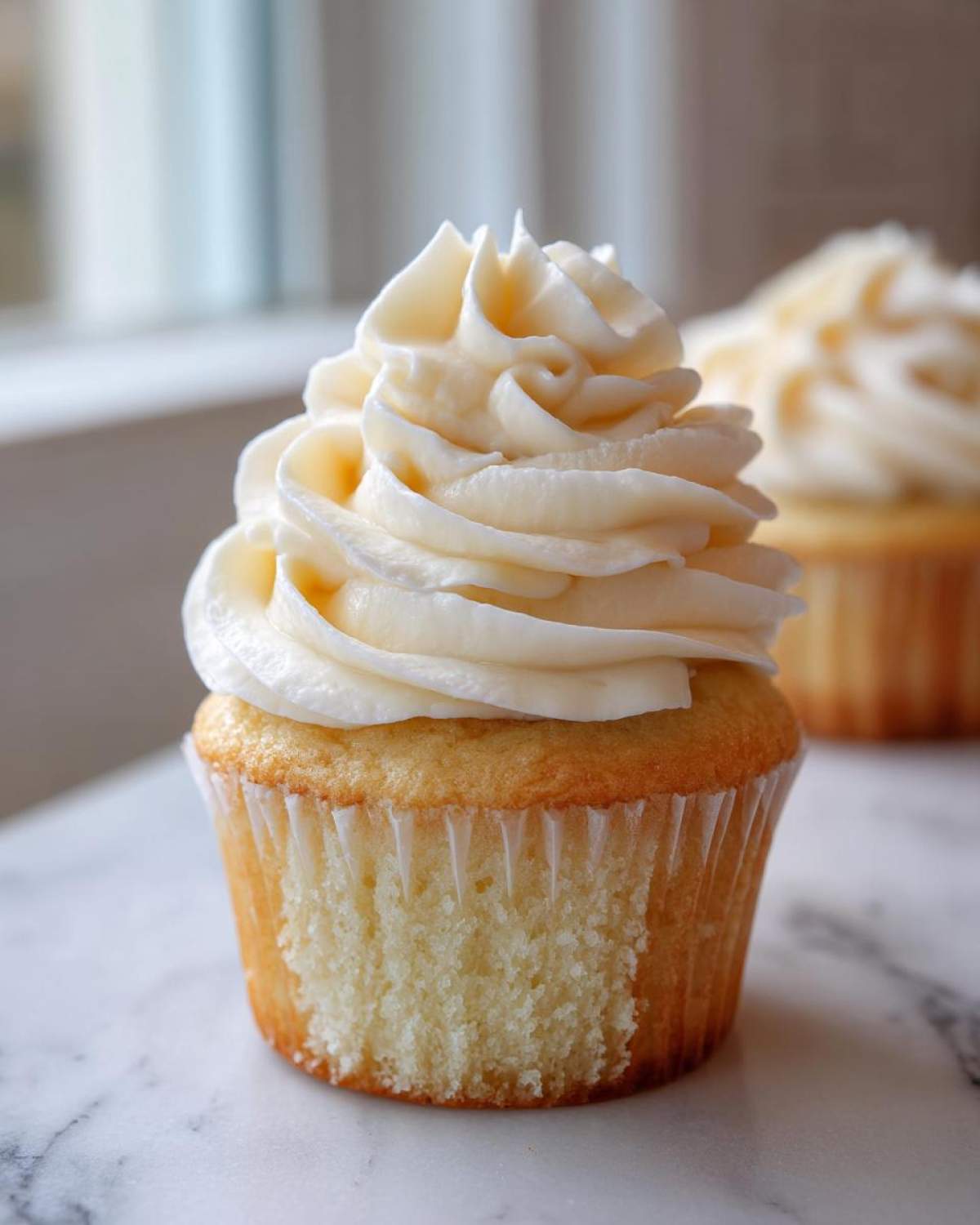 Close-up of a moist vanilla cupcakes with a generous swirl of white vanilla buttercream frosting.