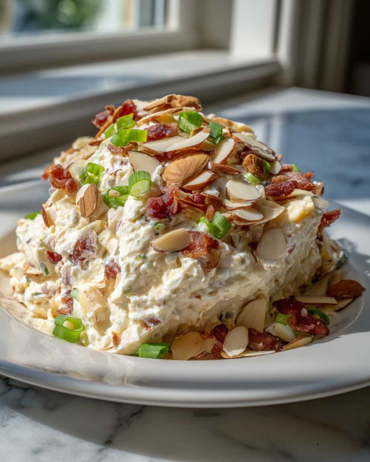 A mound of creamy Neiman Marcus Dip garnished heavily with sliced almonds, crispy bacon bits, and green onions.