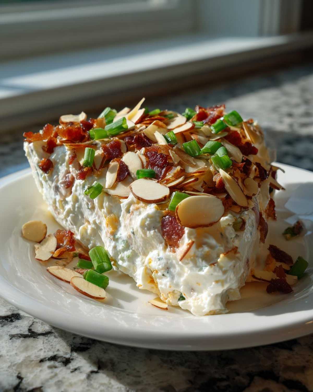 A generous serving of Neiman Marcus Dip, topped with crispy bacon, sliced almonds, and green onions, on a white plate.