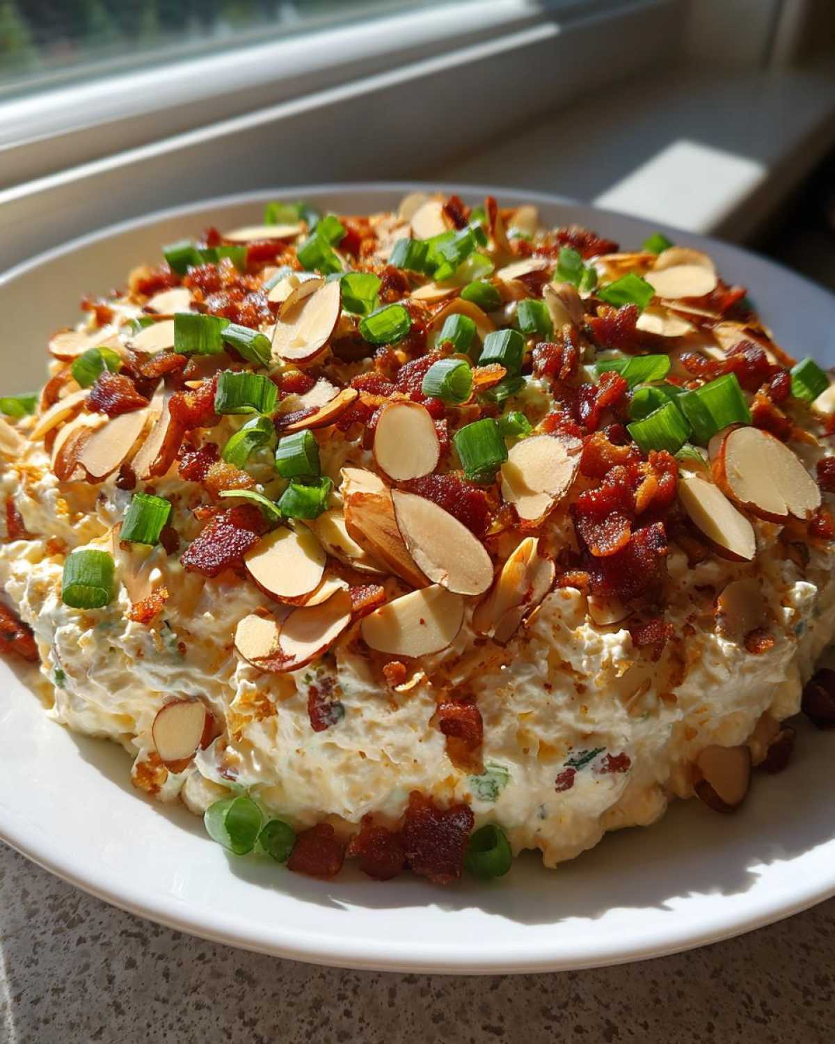 A mound of creamy Neiman Marcus Dip topped generously with sliced almonds, crispy bacon bits, and chopped green onions.