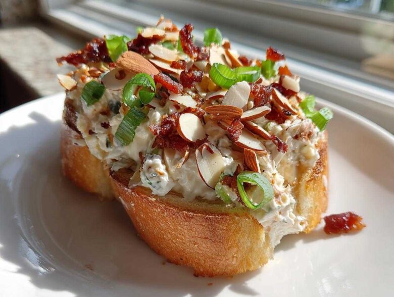 A thick layer of creamy Neiman Marcus dip topped with slivered almonds, bacon bits, and green onions on toasted bread.