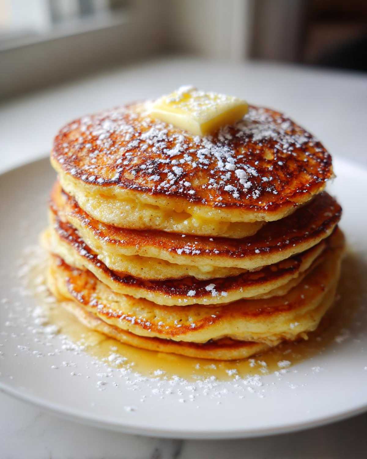 A tall stack of golden brown oatmeal pancakes topped with a pat of butter, powdered sugar, and drizzled with syrup.
