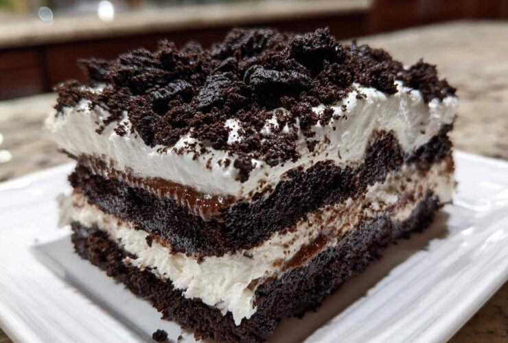 Close-up of a layered slice of amazing oreo dirt cake showing dark chocolate cake, white cream, and crushed cookie topping.