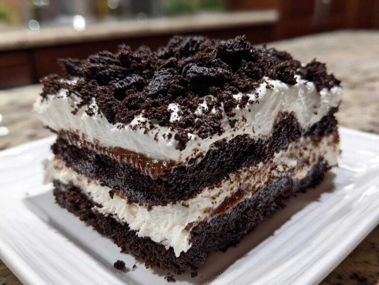 Close-up of a layered slice of amazing oreo dirt cake showing dark chocolate cake, white cream, and crushed cookie topping.