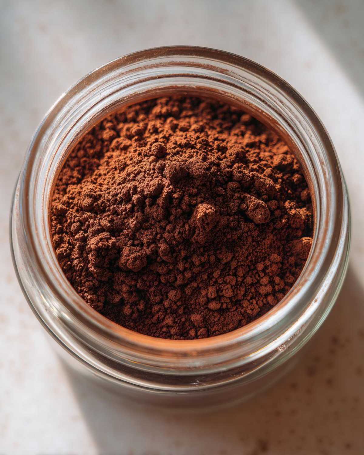 Overhead close-up of rich, dark brown homemade hot cocoa mix stored in a clear glass jar.