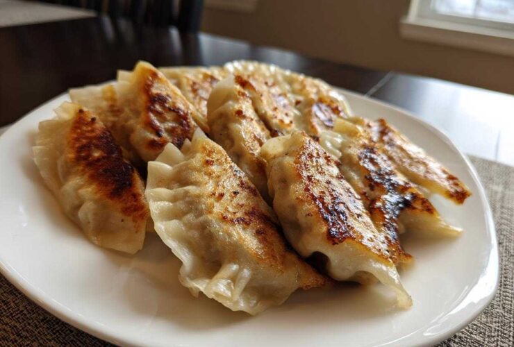 A plate of golden-brown, pan-fried Traditional Chinese Dumplings with crispy bottoms.