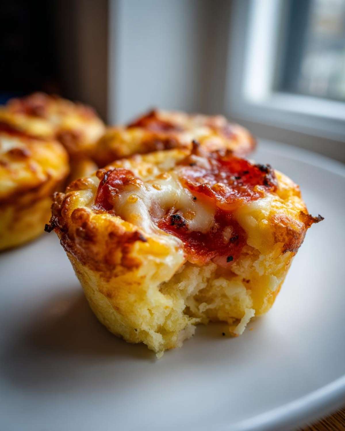 A close-up shot of a pepperoni pizza muffin with melted cheese, showing a bite taken out to reveal the fluffy interior.