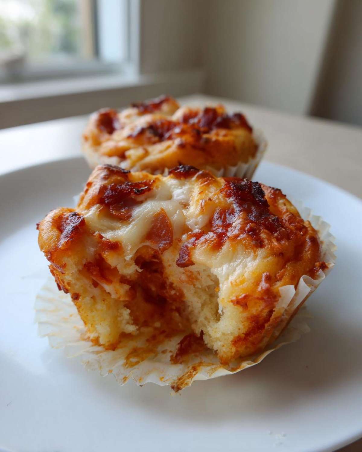 Close-up of a freshly baked pizza muffin, broken open to show the soft interior, sauce, and melted cheese topping.