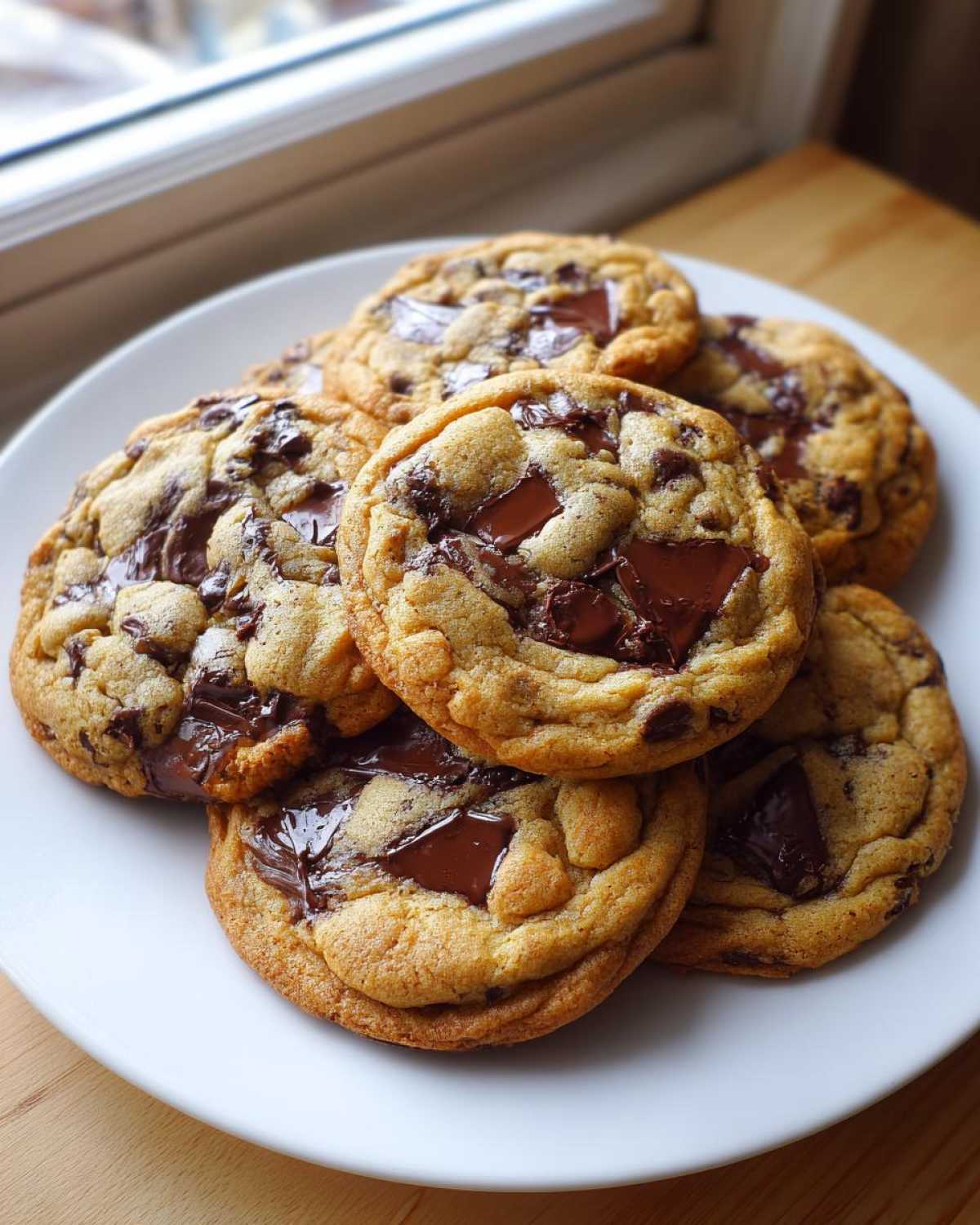 A stack of gooey, freshly baked homemade chocolate chip cookies piled on a white plate near a window.