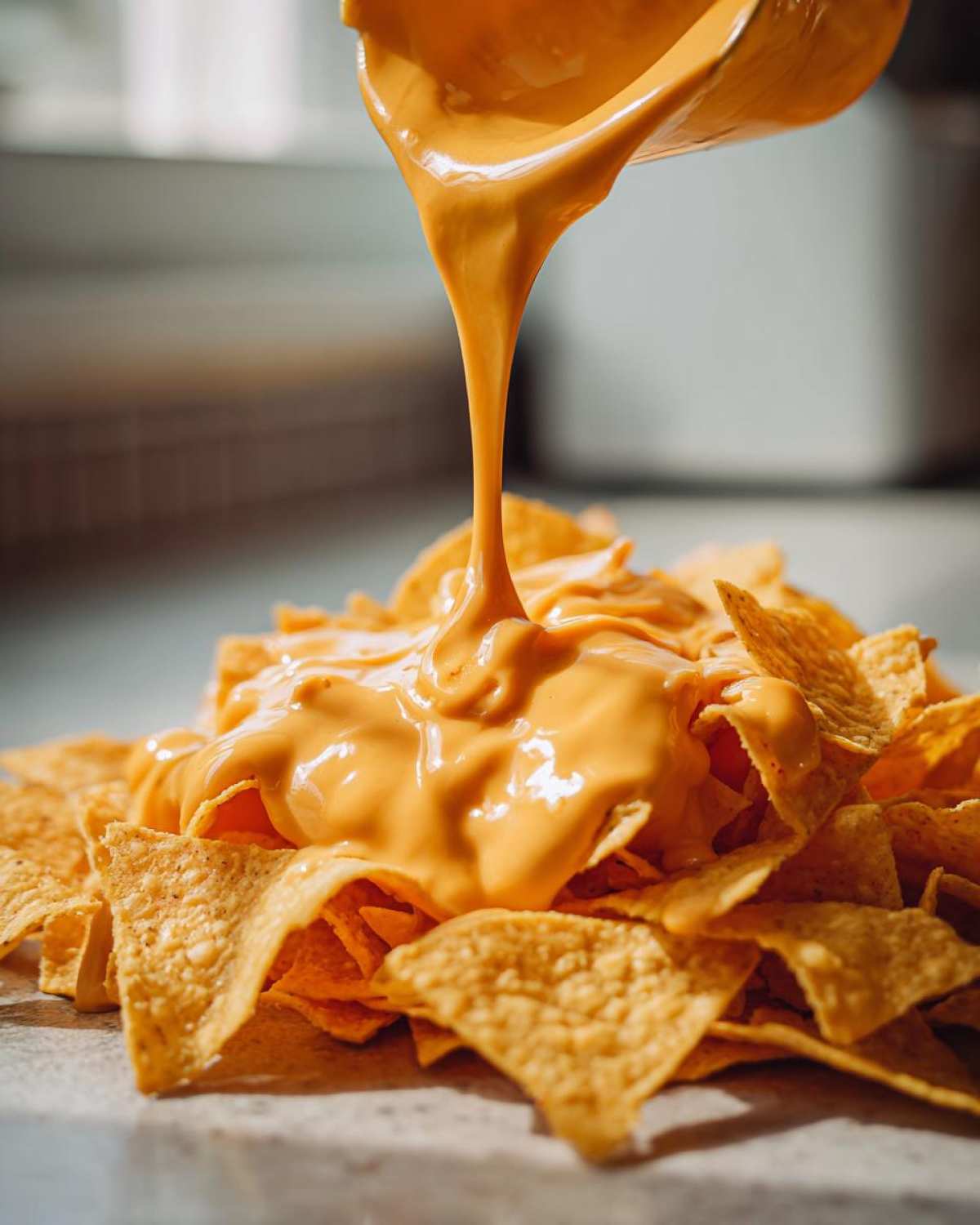A close-up shot of thick, creamy nacho cheese sauce being poured over a pile of crispy tortilla chips.