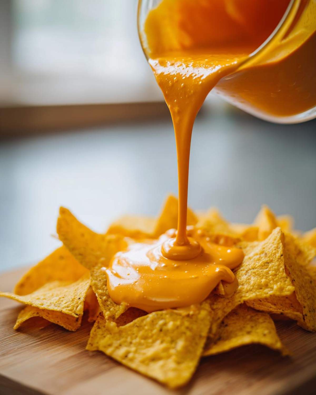 Close-up of thick, orange nacho cheese sauce being poured from a glass container onto a pile of tortilla chips.