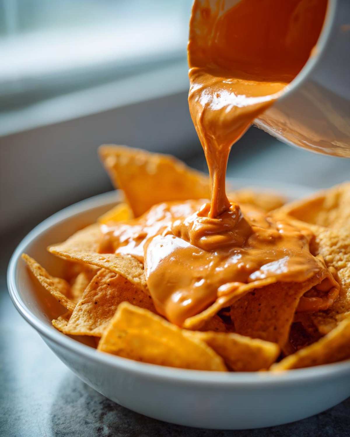 Close-up of thick, creamy nacho cheese sauce being poured from a white bowl onto a pile of tortilla chips.