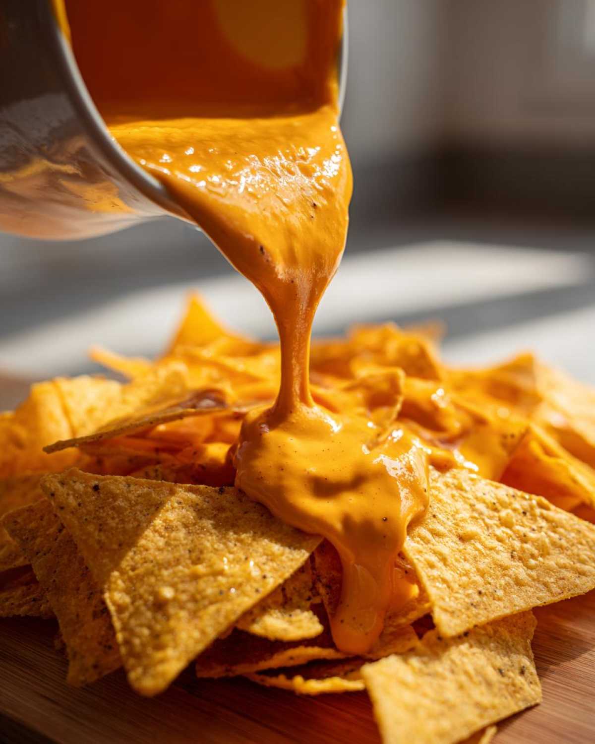 Thick, creamy nacho cheese sauce being poured from a bowl onto a pile of tortilla chips.