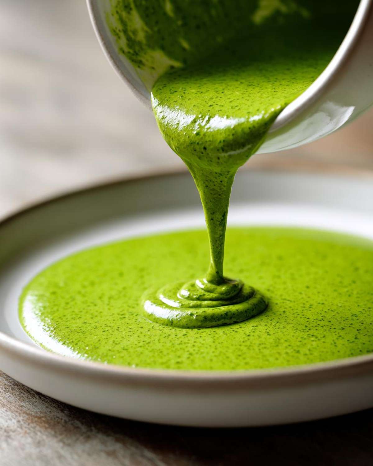 A thick, vibrant green cilantro lime sauce being poured from a white bowl onto a plate.
