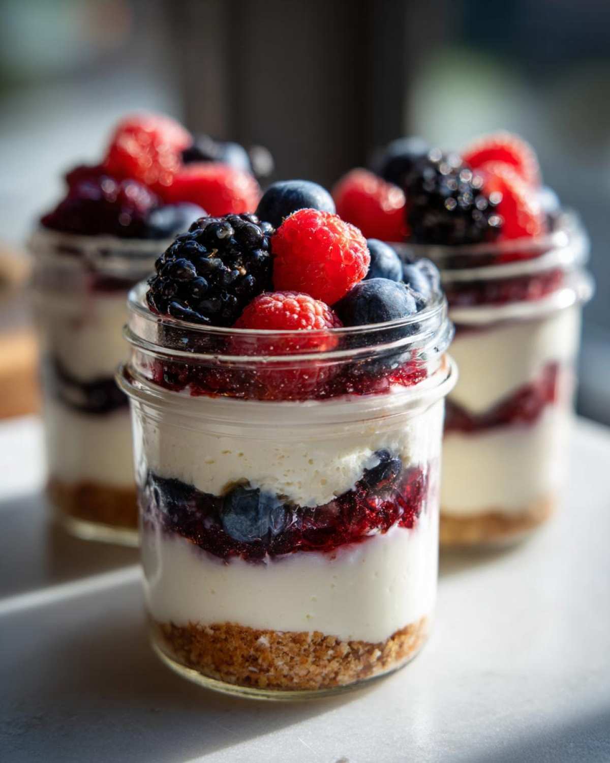 Close-up of a layered Protein Cheesecake in a jar topped with fresh raspberries, blueberries, and blackberries.