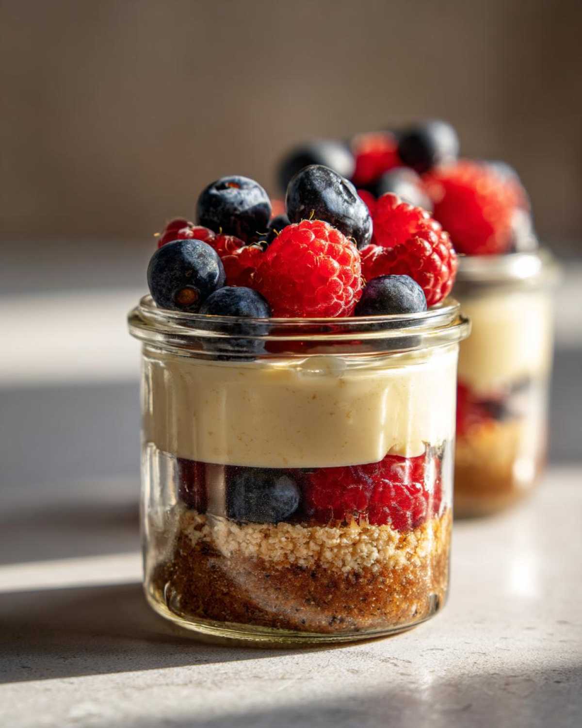 Close-up of an individual Protein Cheesecake served in a glass jar with layers of crust, cream, and topped with fresh blueberries and raspberries.
