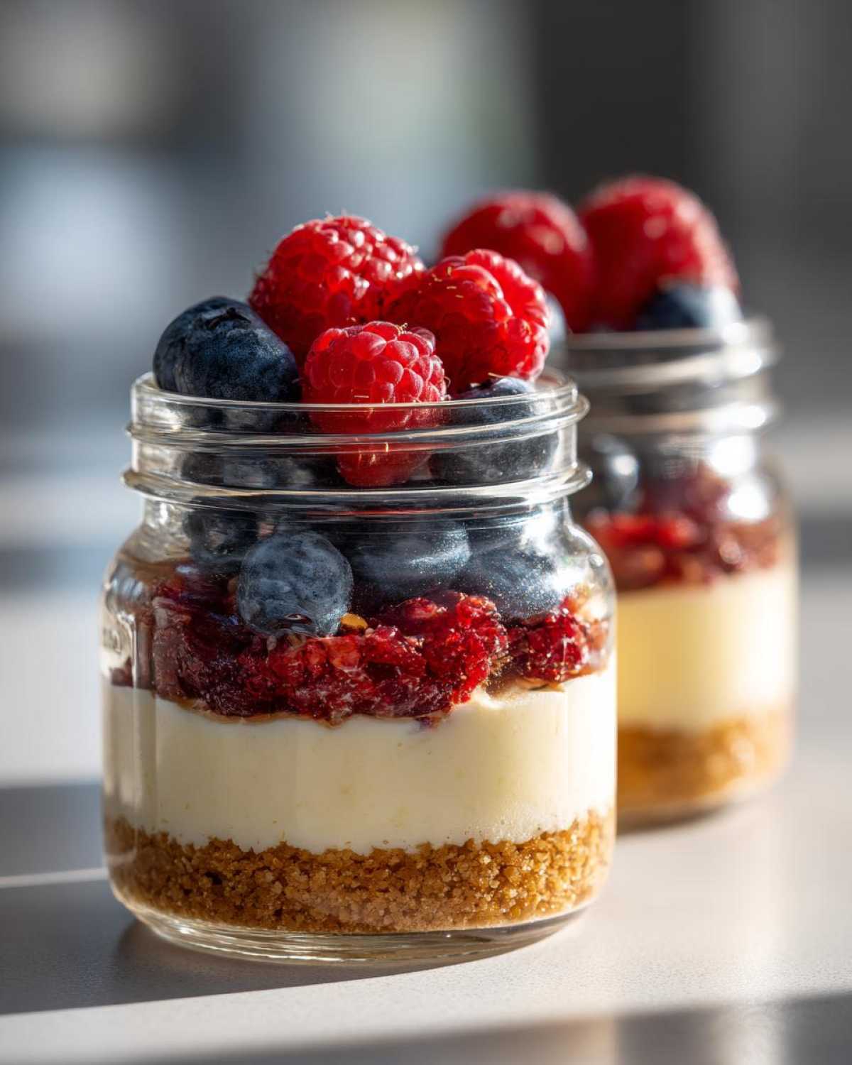 Close-up of an individual Protein Cheesecake layered in a small glass jar, topped with fresh raspberries and blueberries.