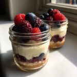 Two individual servings of Protein Cheesecake layered with graham crust and topped generously with fresh mixed berries.