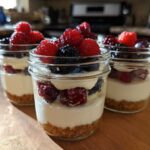 Three individual servings of Protein Cheesecake layered with graham cracker crust and topped with fresh raspberries and blackberries.