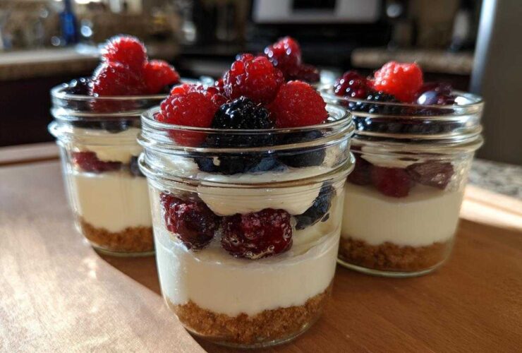 Three individual servings of Protein Cheesecake layered with graham cracker crust and topped with fresh raspberries and blackberries.