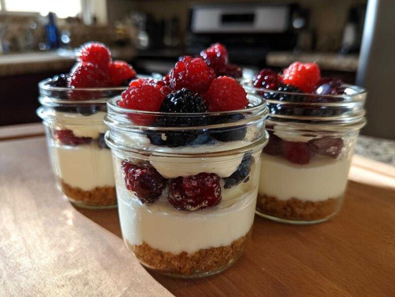 Three individual servings of Protein Cheesecake layered with graham cracker crust and topped with fresh raspberries and blackberries.