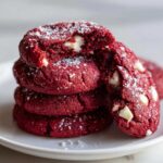 A stack of vibrant red velvet cake mix cookies dusted with powdered sugar, one cookie broken open revealing white chocolate chips.