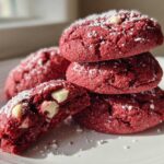 A stack of rich red velvet cake mix cookies dusted with powdered sugar, one cookie broken open to show white chocolate chips.
