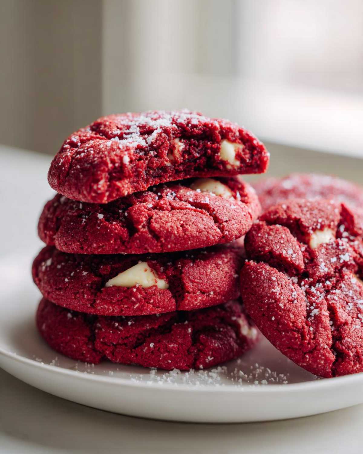 A stack of four vibrant red velvet cake mix cookies with visible white chocolate chips, sprinkled with sugar.
