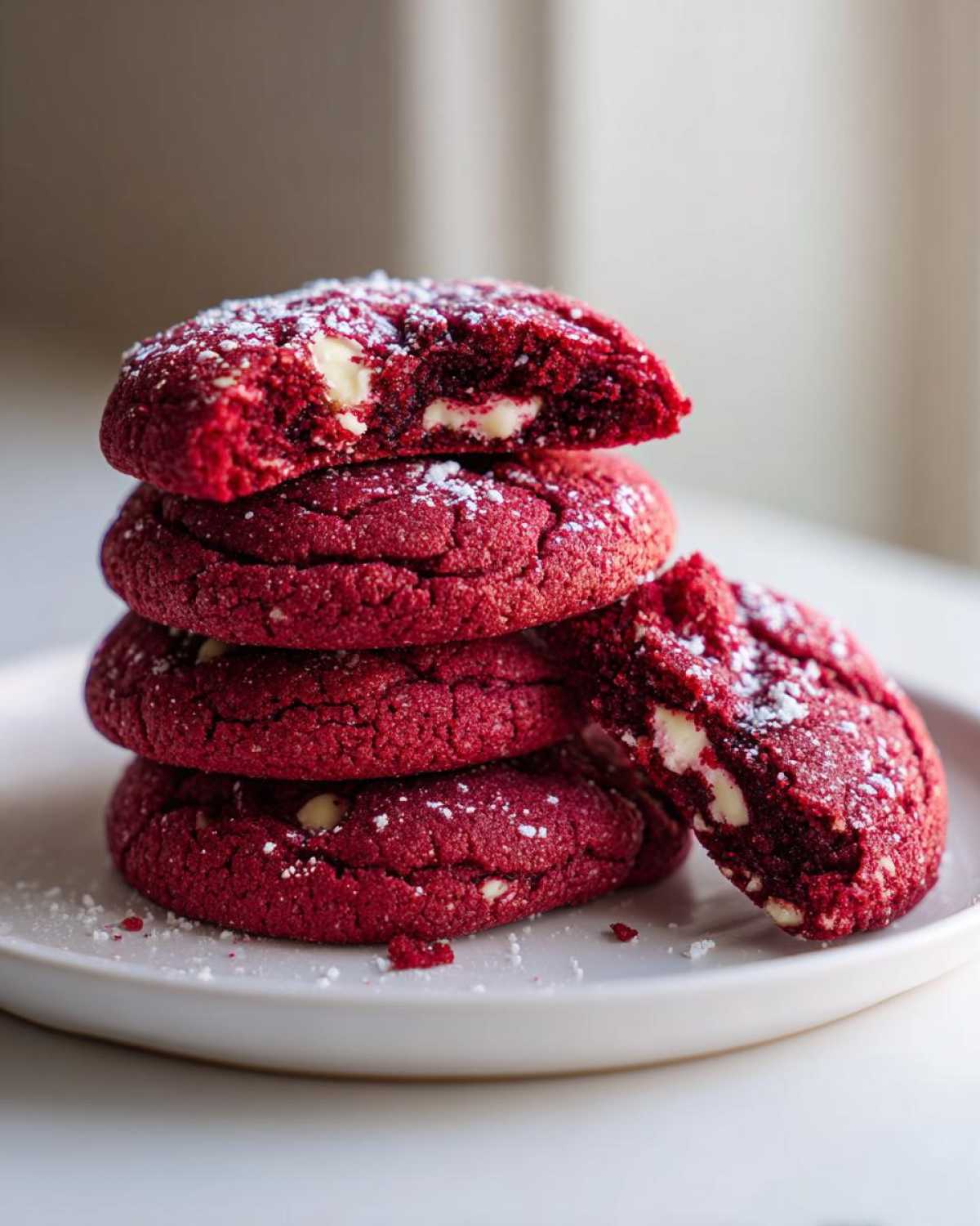 A stack of four vibrant red velvet cake mix cookies dusted with powdered sugar, one broken open showing white chocolate chips.