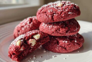 A stack of rich red velvet cake mix cookies dusted with powdered sugar, one cookie broken open to show white chocolate chips.