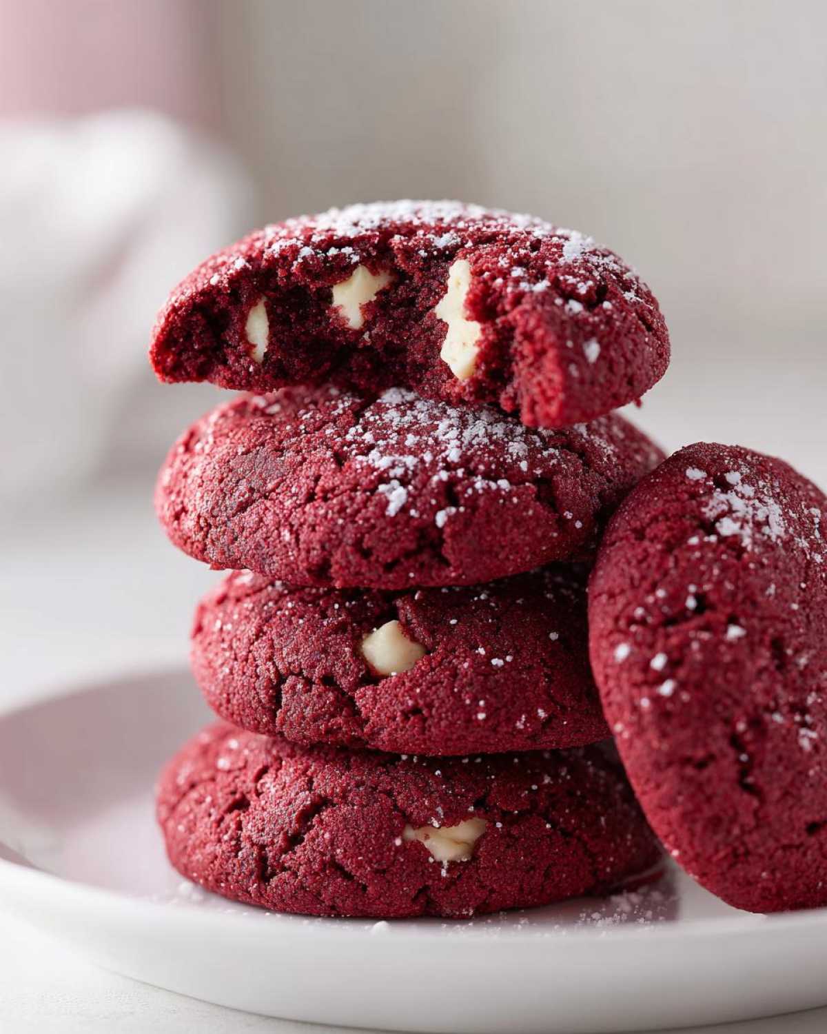 A stack of four vibrant red velvet cake mix cookies dusted with powdered sugar, showing white chocolate chips inside the broken top cookie.