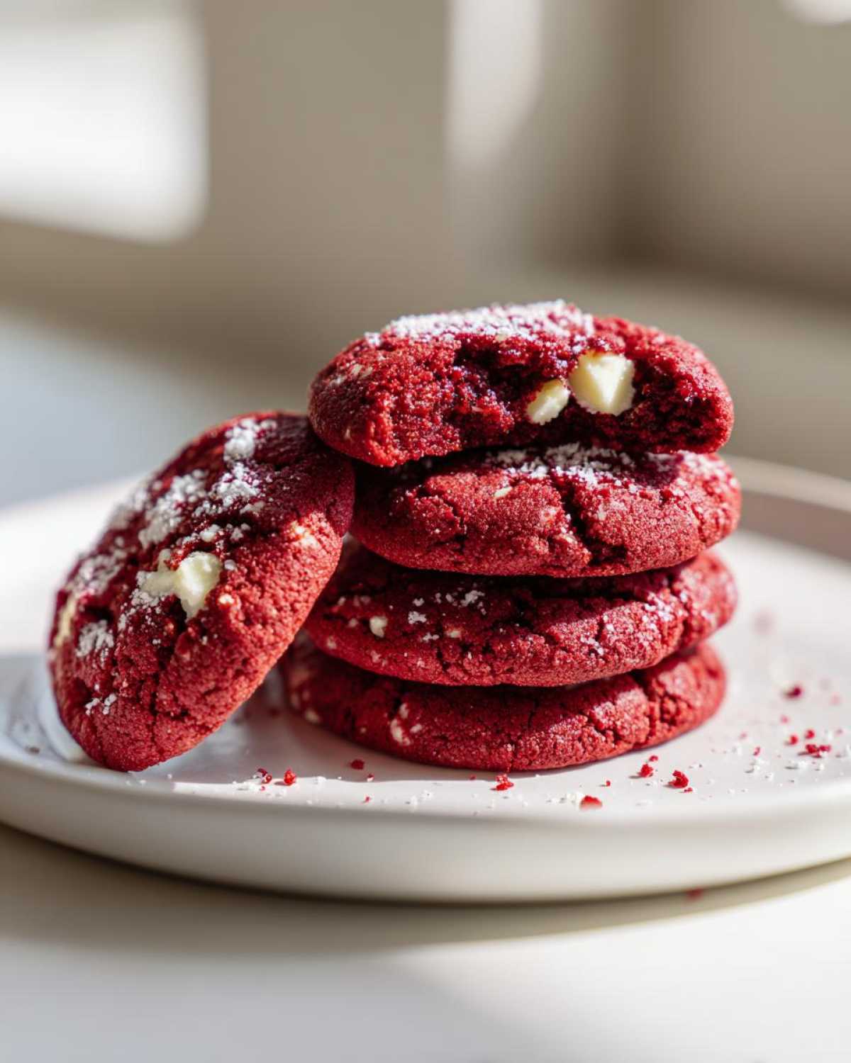 A stack of four vibrant red velvet cake mix cookies dusted with powdered sugar and featuring visible white chocolate chips.