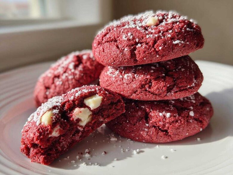 A stack of rich red velvet cake mix cookies dusted with powdered sugar, one cookie broken open to show white chocolate chips.
