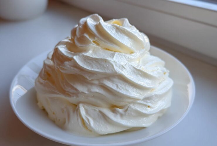 A dollop of thick, rich cream, representing a key ingredient for homemade alfredo sauce, piped onto a small white plate.