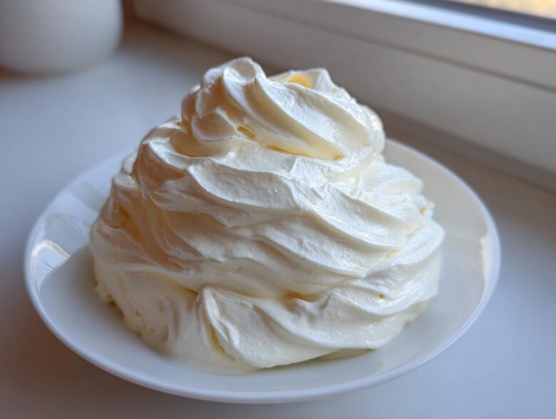 A dollop of thick, rich cream, representing a key ingredient for homemade alfredo sauce, piped onto a small white plate.