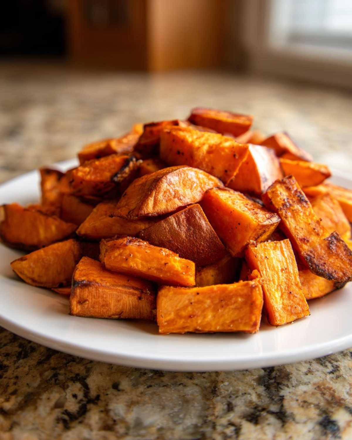 A mound of perfectly roasted sweet potato chunks with caramelized edges served on a white plate.