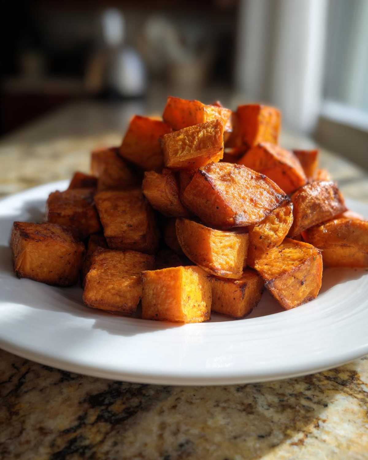 A mound of golden brown roasted sweet potato cubes piled high on a white plate, showcasing a caramelized exterior.