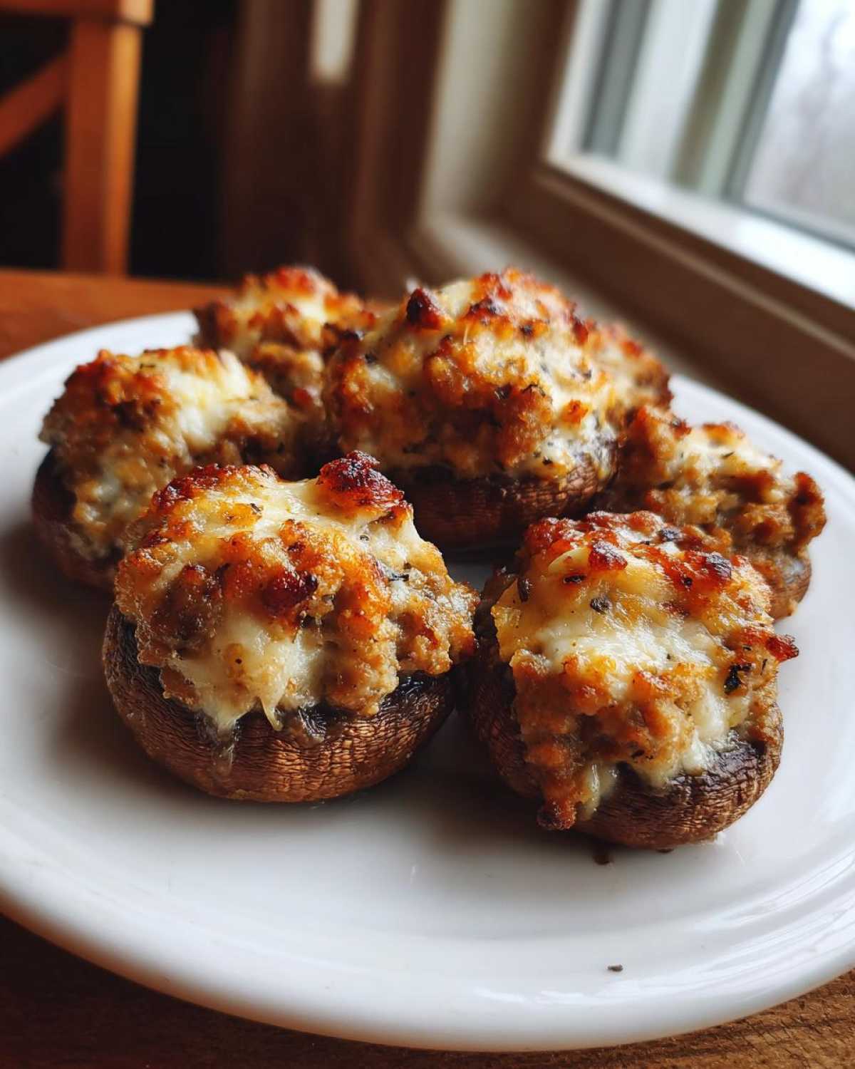 Close-up of five golden-brown sausage stuffed mushrooms topped with melted, browned cheese.