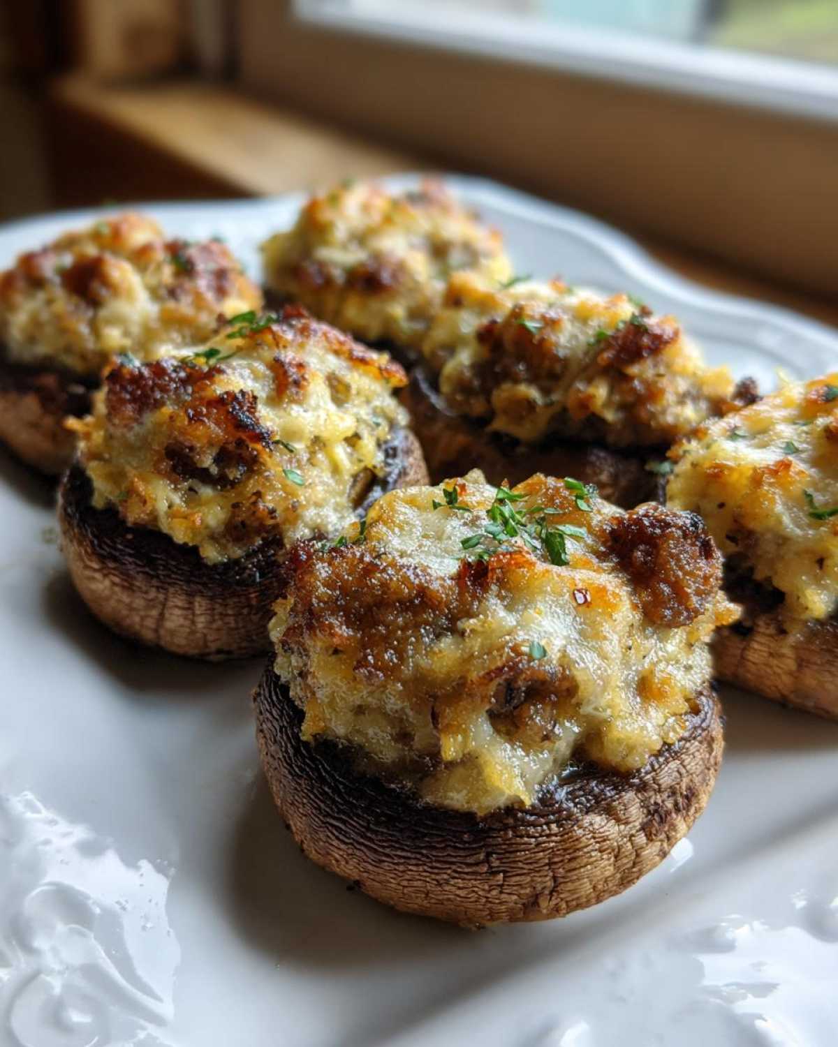 Close-up of several baked Sausage stuffed mushrooms with browned, cheesy tops garnished with parsley on a white plate.